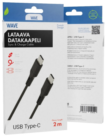 WAVE 60W DATAKAAPELI, USB TYPE-C -> USB TYPE-C (480 MBPS), 2M, MUSTA