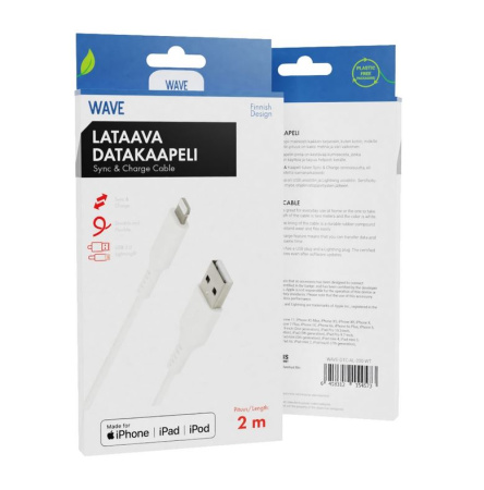WAVE DATAKAAPELI, APPLE LIGHTNING (MFI), 2M, VALKOINEN