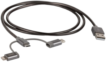 WAVE 3IN1 STEEL LATAAVA DATAKAAPELI, USB-A, TYPE-C / MICROUSB / APPLE LIGHTNING (MFI), 1M, TUMMANHARMAA