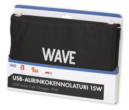 WAVE AURINKOKENNOLATURI 15W, MUSTA, USB-C + USB-A KARABIINIKOUKUILLA