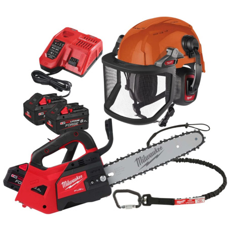 MILWAUKEE M18 FPP1OPL1-802 AKKUKETJUSAHAPAKETTI, 1X AKKUKETJUSAHA, 1X LATURI, 2X 8AH HB AKKU, 1X KYPÄRÄ LISÄVARUSTEINEEN