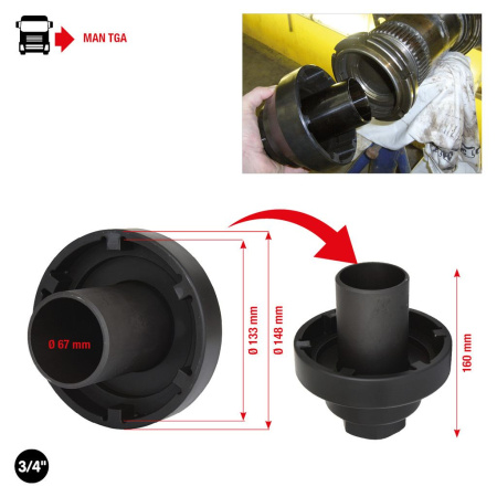 KS TOOLS 3/4" NAPAMUTTERIAVAIN JOHTOPUTKELLA 130MM, 6 SAKARAA, MAN TGA TAKA-AKSELI HY-1350 HYPOID