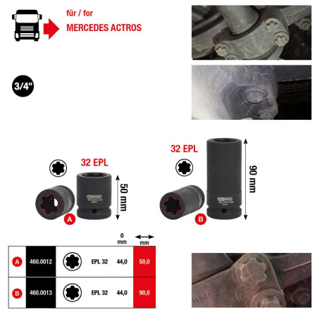 KS TOOLS TORX-E-PLUS HYLSY, 32 EPL, L=50MM, 3/4", MERCEDES ACTROS AKSELIN PULTEILLE, ISO 1174, DIN 3120