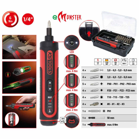 KS TOOLS EMONSTER 1/4” AKKUKÄYTTÖINEN KÄRKIRUUVAINSARJA, 27-OS.