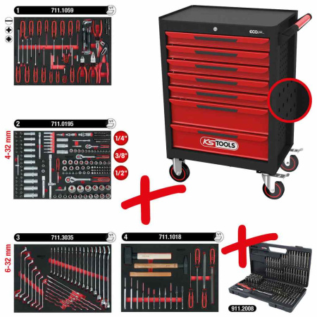 KS TOOLS ECOLINE -TYÖKALUVAUNU, MUSTA/PUNAINEN, 7 VETOLAATIKKOA JA 515-OS HUIPPULUOKKAISTEN TYÖKALUJ